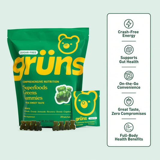 Gruns Adults Super Greens Gummies, Multivitamin Superfood Gummy Bears with Spirulina, Chlorella, Prebiotics & Fiber for Digestive Health, Adaptogens Supplement with 20 Vitamins & Minerals, 28 Count